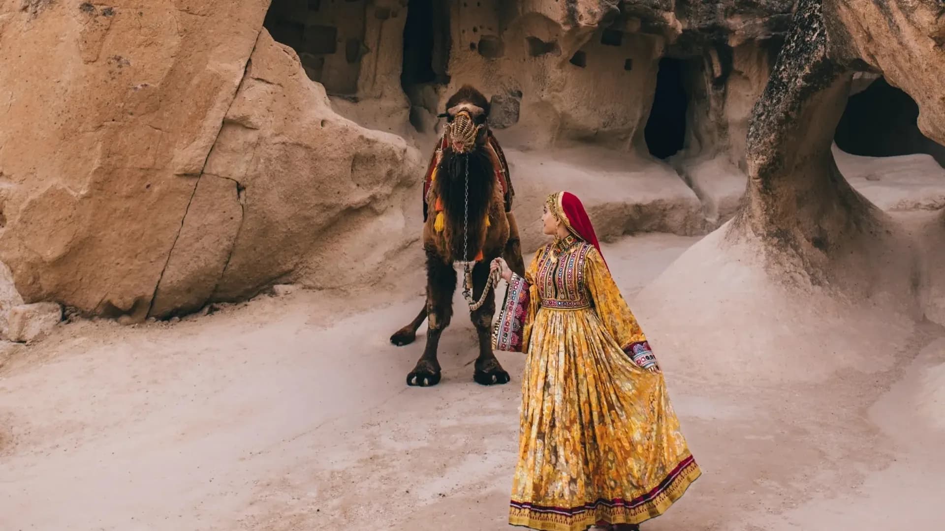 Visitors and a camel beside rock formations
