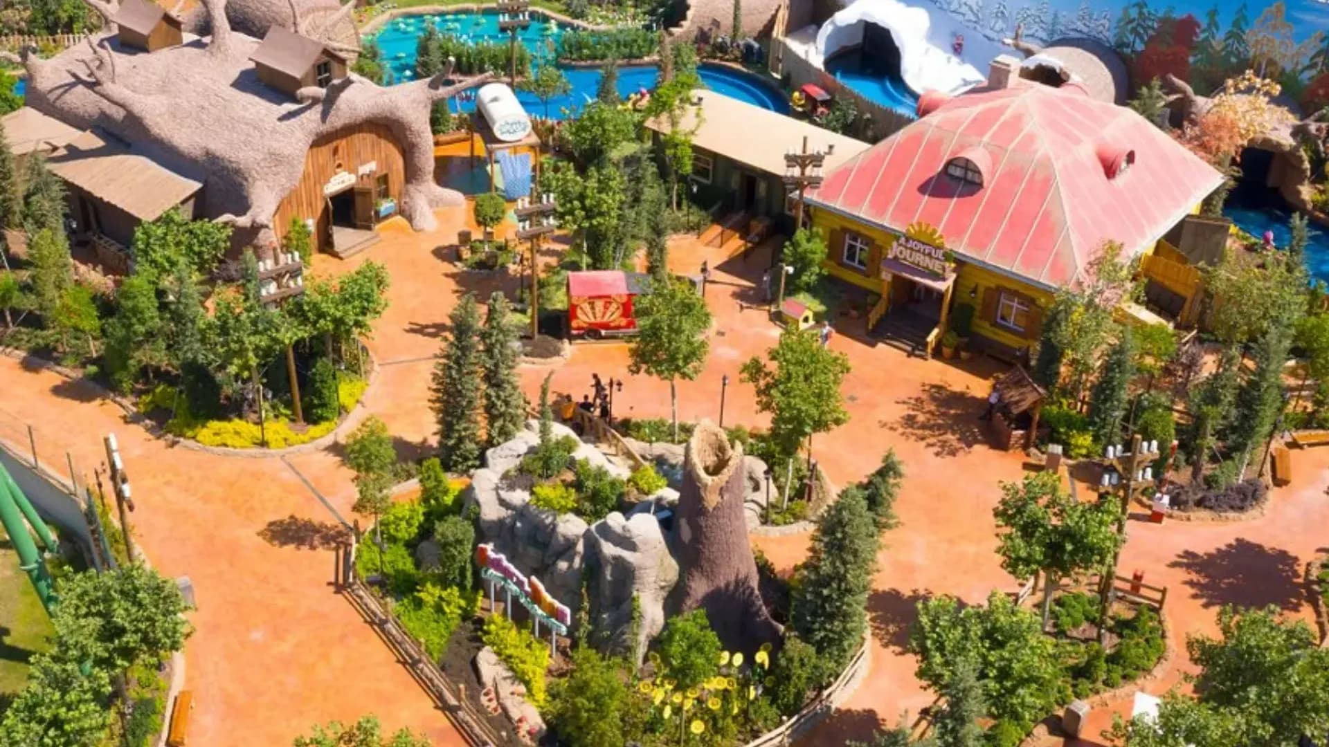 Theme park pools and buildings