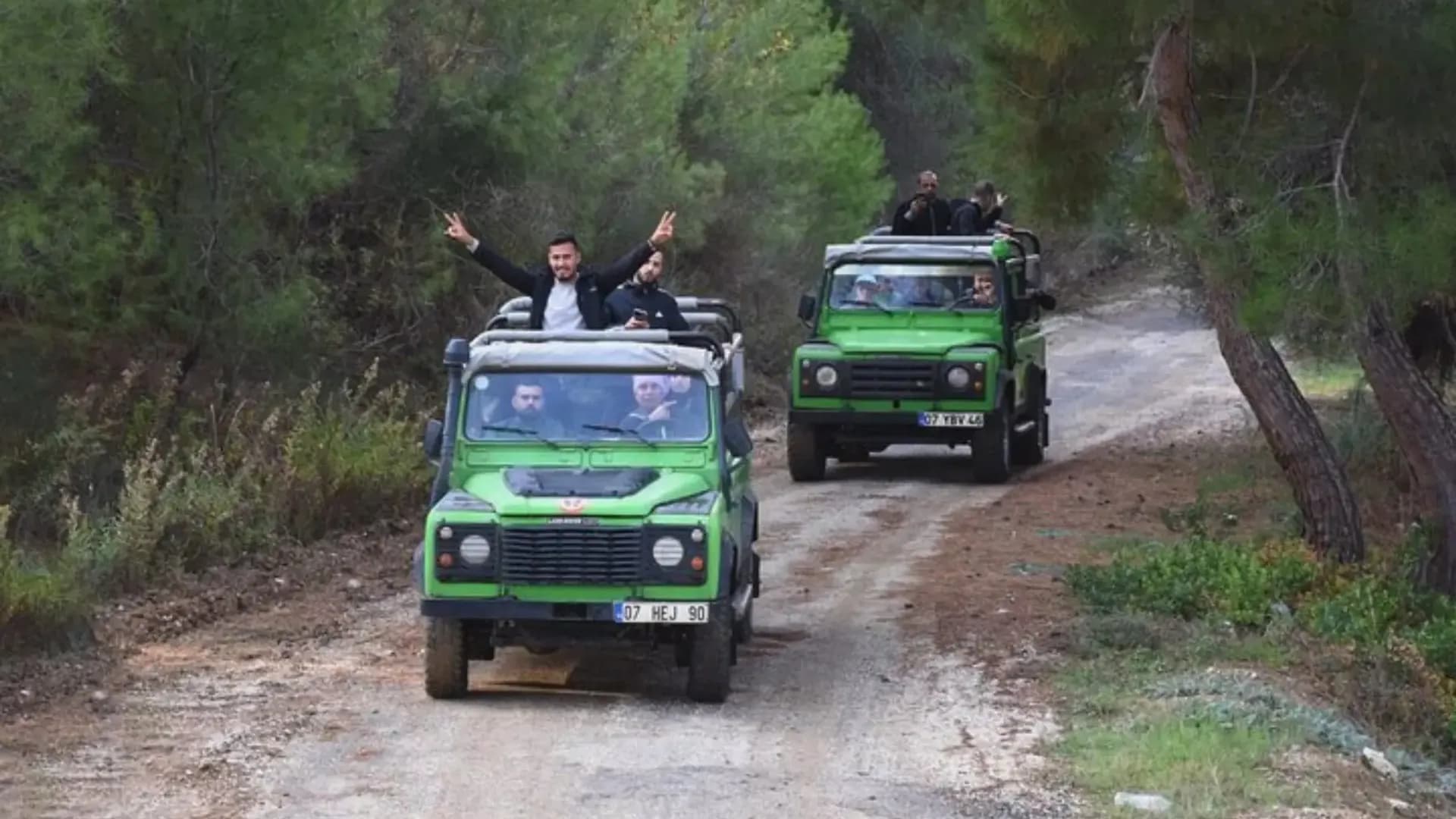 Grüne Jeeps folgen einem bewaldeten Weg