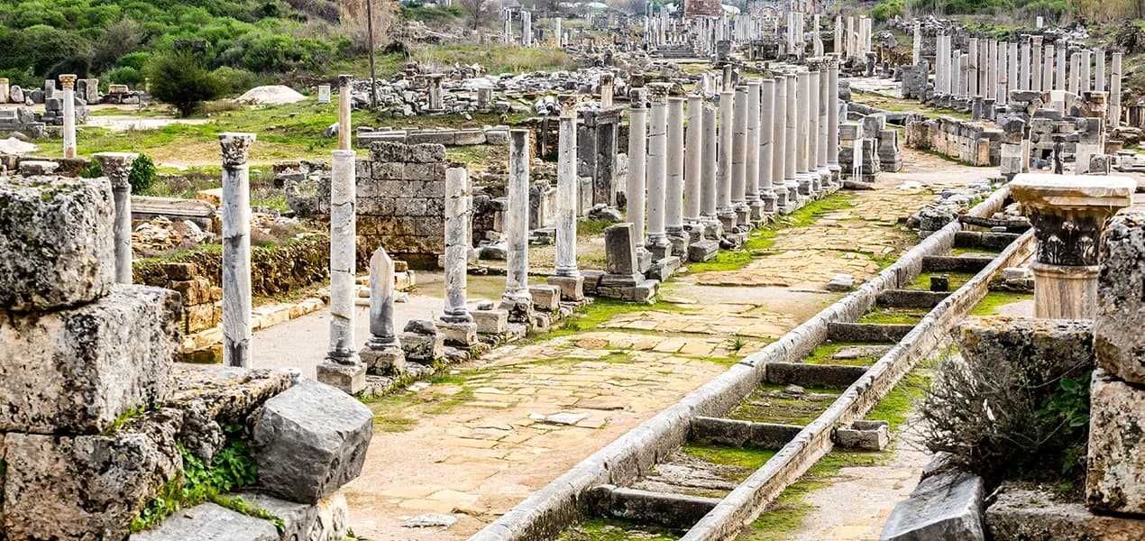 طريق تصطف على جانبيه الأعمدة يمر عبر موقع أثري