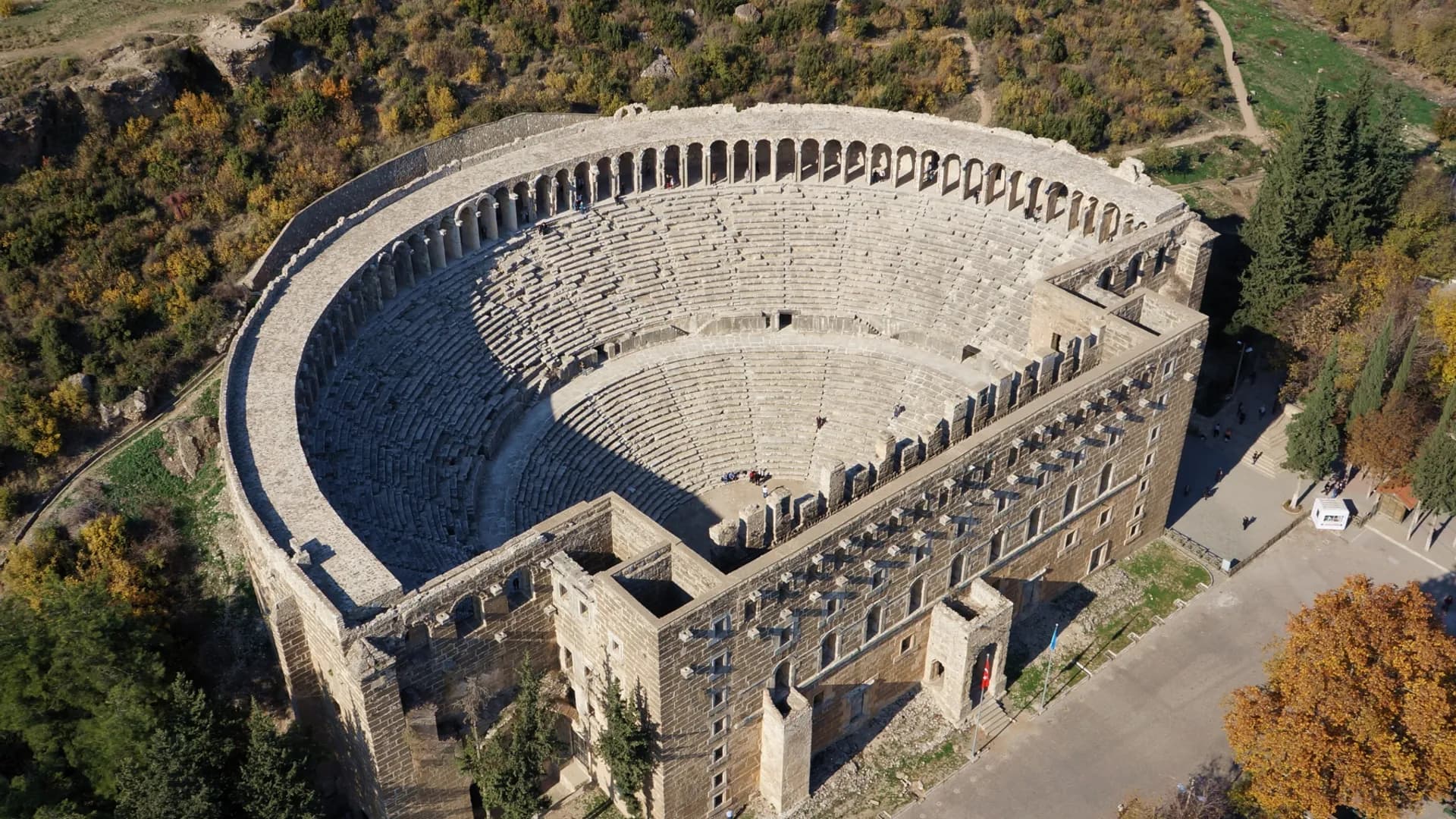 Aerial view of a large ancient stone theatre