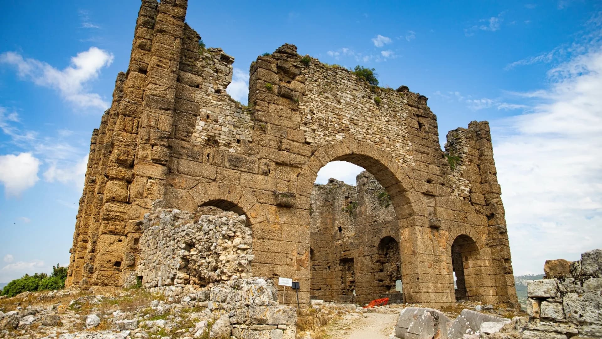 Arched openings in an ancient stone tower