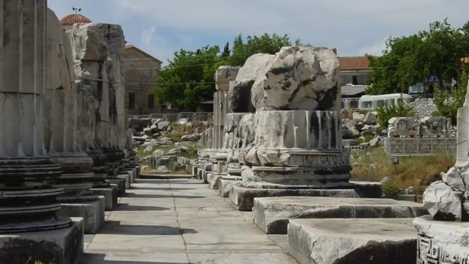 Ancient columns and carved stone blocks